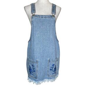 Forever 21 Women's Embroidered Floral Blue Denim Skirt Overall Pockets Sz Large